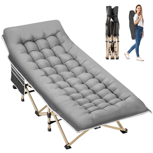 Candockway Folding Camping Cot with Comfy Mattress(Stripe Grey),600LBS(Max Load),Portable Cot Bed for Adults Include Carry Bags,28\" Wider Sleeping Cots for Home,Office Nap,Outdoor Travel Camp Beach
