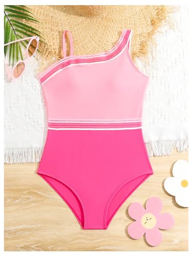 Image of SweatyRocks Girl's One Piece Swimsuit Colorblock Asymmetrical Neck Bathing Suit Swimwear Pink 10Y