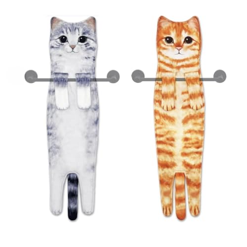 Toalla de gato realista para gatos, toallas de mano, fibra ultra fina, alta absorción, regalos colgantes para cocina, baño, 2 unidades