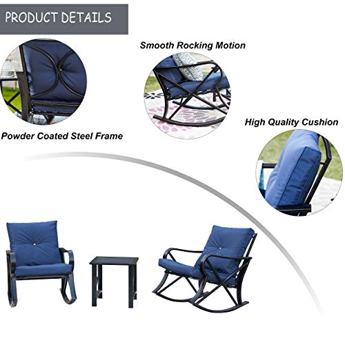 Lokatse Home 3 Piece Patio Outdoor Rocking Chairs Set Bistro Furniture And Square Coffee Table Metal Steel Frame With Thick Cushions, Blue #TOP3