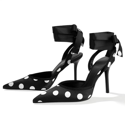 baobeijiadao Polka Dot Heels for Women Pointed Toe Pumps Lace Up Satin Heeled Sandals Womens Stiletto Heel Shoes Evening Party Wedding Black
