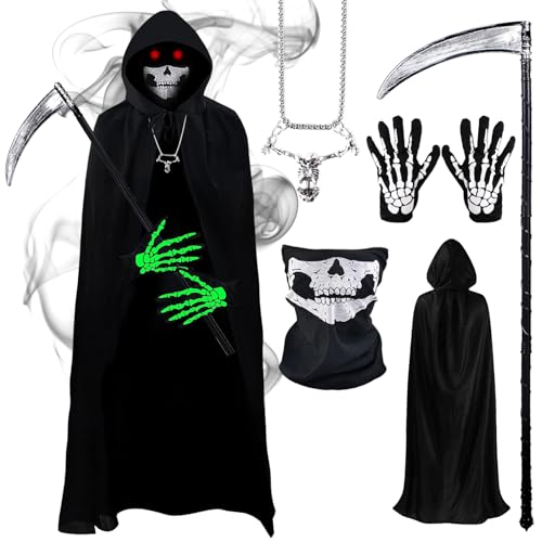 Halloween Grim Reaper Costume Set, 5Pcs Skeleton Robe Costumes Skeleton Glow Gloves Skull Mask Scythe Outfit Reaper Black Hooded Cloak Sickle Accessories Fancy Dress Cosplay for Boys Girls Adults Kids