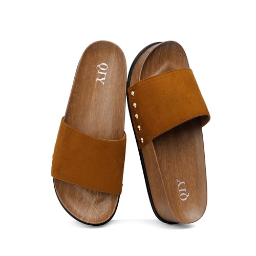 QIY Brown Platform Sandals for Women Slip-on Studded Slides Brown Ladies Suede Arch Support Summer Casual Wedge Sandal Beach Vacation Cushion Footbed Open Toe Retro Comfortable Shoes Size 7