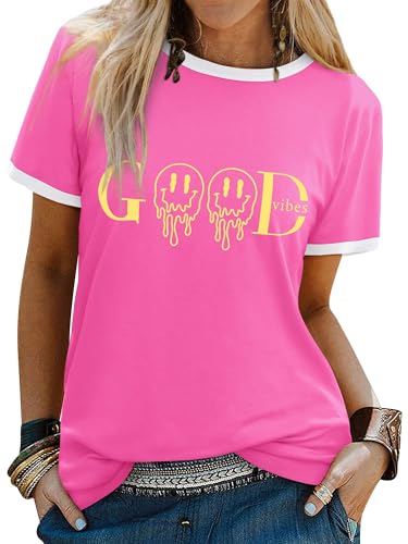 Dresswel Camiseta para mujer Good Vibes Smile Print Camisetas Cuello Redondo Manga Corta Tops Verano Tops Camisetas, 1-rosa oscuro, S