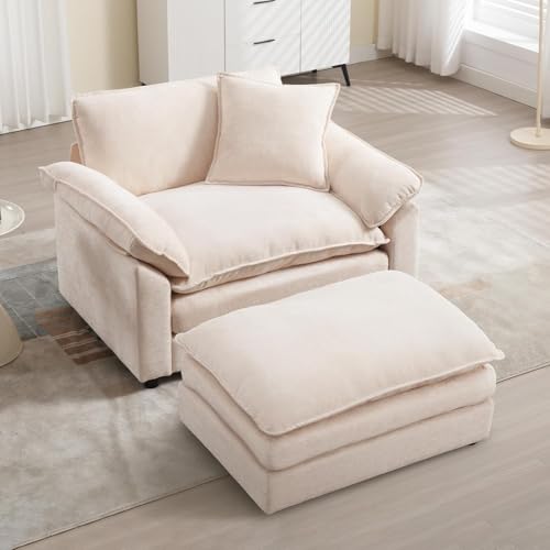 Linyuanwai Beige Modern Oversized Chair with Ottoman, Comfy Chenille Accent Chair Large Upholstered Armchair with Extra Thick and Deep Seat Lounge Chair for Living Room,Bedroom,Apartment
