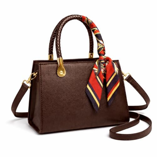 Bolsa Feminina Couro Sintético com Lenço Decorativo, 3 Compartimentos, Alça de Ombro Removível (Marrom)