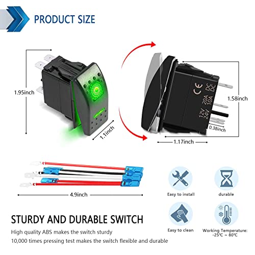 Fxc 3 Position Spdt Rocker Switch 7Pin Laser On/Off/On Green Led Light 20A/12V 10A/24V 3 Way Toggle Switch With Jumper Wires Set For Auto Boat Marine Truck Jeep Off-Road Bus #TOP2