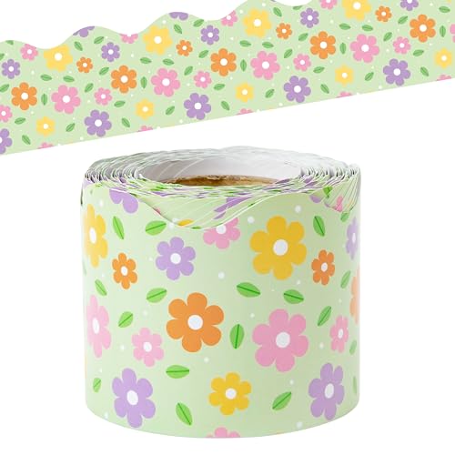 Image of BeYumi Spring Floral Border Trim - 65ft Spring Floral Scalloped Rolled Border Trim Daisy Flower Green Bulletin Board Set Back to School Classroom Office Chalkboard Decor Springtime Party Decoration