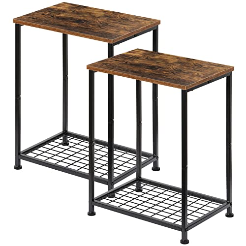 Beistelltisch 2er Set Nachttische Industrieller Beistelltisch mit Ablageschalen, Sofa Beistelltische 2 Etagen Nachttisch Ständer für Schlafzimmer Wohnzimmer Couch Büro, Bauernhaus Braun Cover