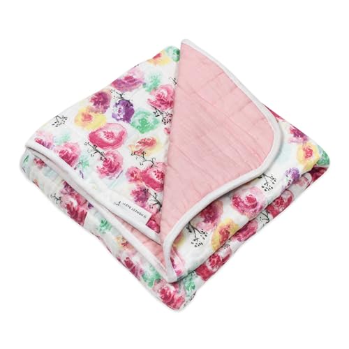 Image of HonestBaby Hand-Quilted Baby Blanket Reversible 100% Organic Cotton for Infant Boys, Girls, Rose Blossom /Pink, One Size