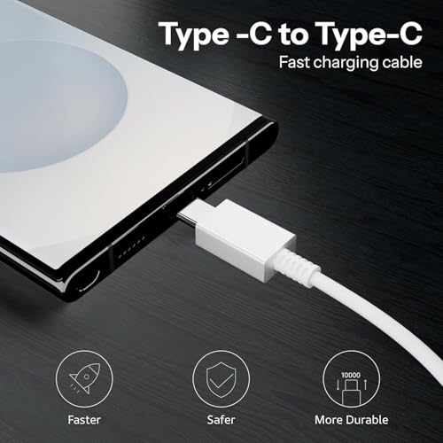 Image of Type C to Type C Mobile SuperFast Charging Cable for Data Transfer Galaxy A55 /M55 /F55 /F15 /M15 /A14 /A34 /F23 /M14 /M34 /M33 /S21fe /S22 /S23 /S23 Fe 5G /S24, White (Free Cable Protector)