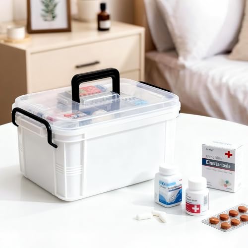 Image of HEY FOLY 15qt White Medicine Organizer Storage Box with Tray, Plastic First Aid Box Empty, Thickened Medicine Container Chest, Multipurpose Medical Case with Labels, Medicine Caddy with Lids Handles