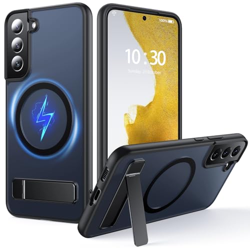 FNDMIL for Samsung Galaxy S22 Plus Case with MagSafe [Adjustable Kickstand] [Charge While Standing] [Military Shockproof] Translucent Matte Soft Silicone Bumper for S22 Plus Phone Case Slim Black