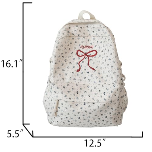 Classic Floral Printed Cute Bow Tie Embroider Backpack 16.1 Inch Kawaii Casual Simple Lightweight Travel Bag2