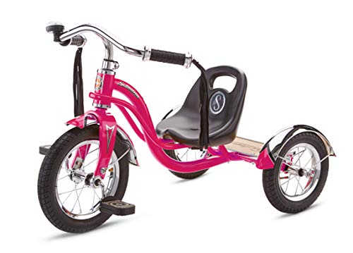 Image of Schwinn Roadster Bike for Toddler, Kids Classic Tricycle, Low Positioned Steel Trike Frame w / Bell & Handlebar Tassels, Rear Deck Made of Genuine Wood, Boys and Girls Ages 2-4 Year Old, Bright Pink