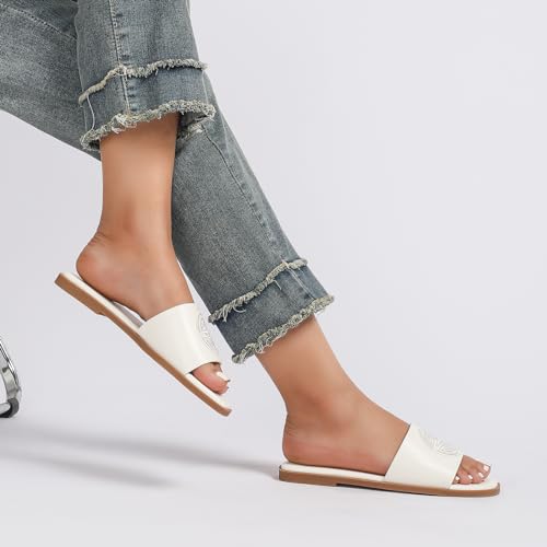 Stratuxx Kaze Womens Flat Sandals Dressy Summer Slide with Memory Foam Comfortable Cute Leather White Sandals for Women — view 4