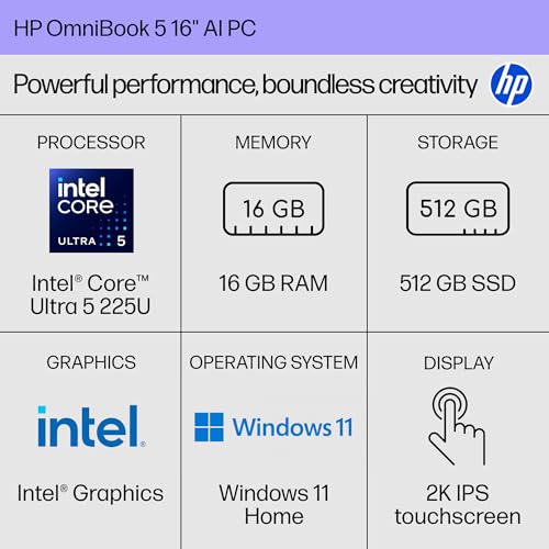 Image of HP OmniBook 5 16 inch AI PC, 2K Touchscreen Display, Intel Core Ultra 5 225U, 16 GB RAM, 512 GB SSD, Intel Graphics, Windows 11 Home, Glacier Silver, 16-af1700nr