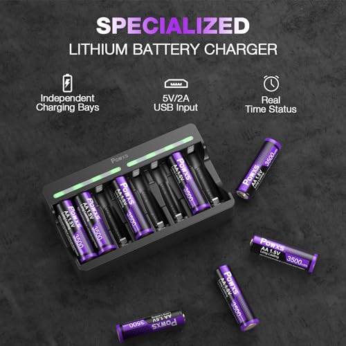 POWXS High Power 1.5V Rechargeable Lithium AA Batteries with Charger, 3500mWh Long Lasting Lithium batteries AA 8 Pack and Specialized Lithium Battery Charger - Thumbnail 3