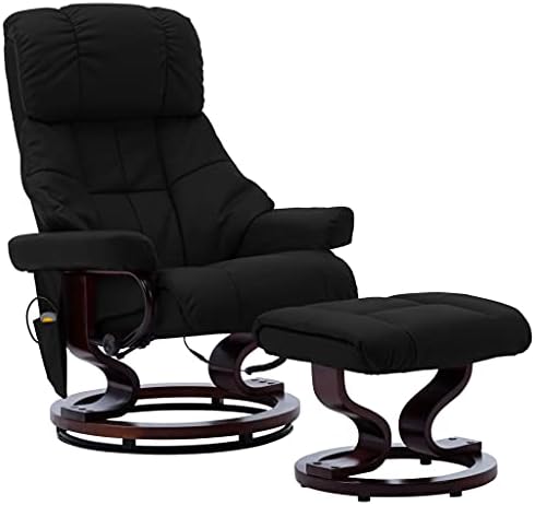 vidaXL Recliner, Swiveling Recliner Chair with Wrapped Wood Base and Ottoman Footrest, Modern Chair, Black Faux Leather and Bentwood