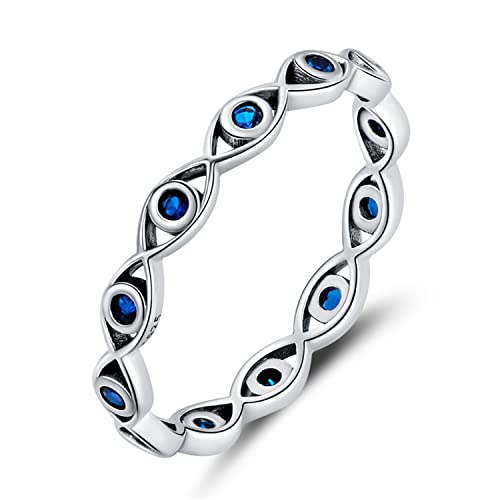 BISAER Evil Eye Ring 925 Sterling Silver with Royal Blue Gemstones Classics Lucky Eye Cubic Zirconia Stacking Eternity Finger Rings Bands Promise Ring for Lover Size 6-9…