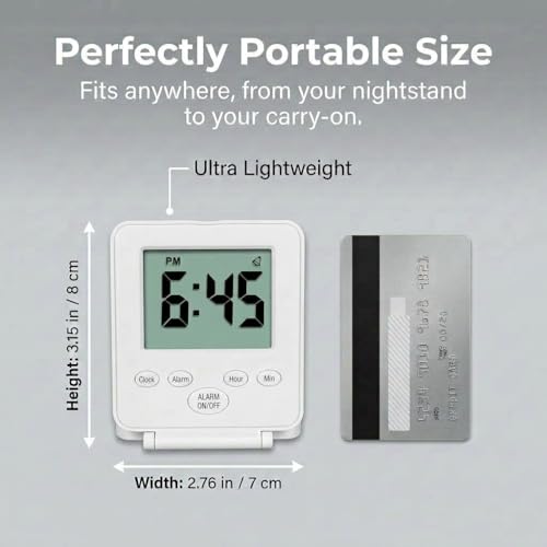 Image of Digital Travel Alarm Clock - No Bells, No Whistles, Simple Basic Operation, Loud Alarm, Snooze, Small and Light, ON /Off Switch, 2 AAA Battery Powered, White