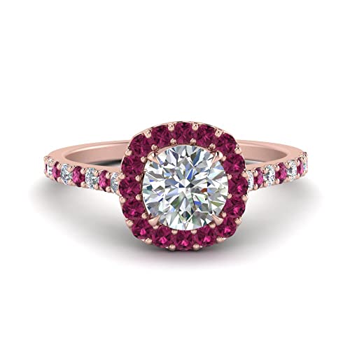 Image of Choose Your Gemstone Round Diamond CZ Square Halo Ring Rose Gold Plated Round Shape Petite Engagement Rings Matching Jewelry Wedding Jewelry Easy to Wear Gifts US Size 4 to 12