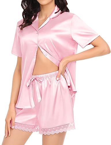 Swomog Brides Pajamas Sets Satin Pajamas Womens Short Sleeve Sleepwear Soft Silky 2 Piece Loungewear Pjs Short Pajama Set Pink #TOP17