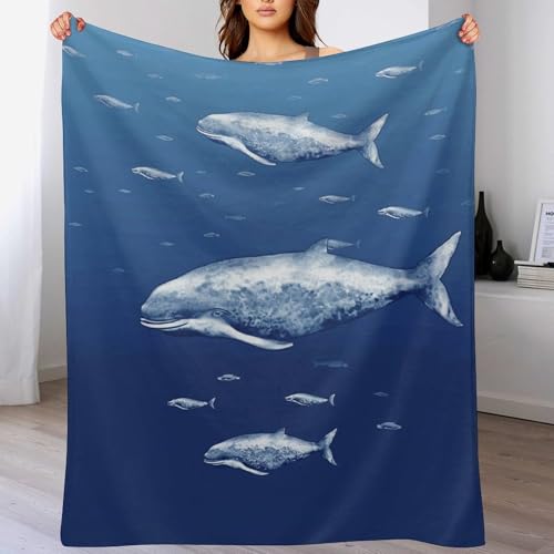 Couverture extra large en flanelle motif baleine bleue pour lit et canapé