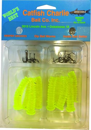 Catfish Charlie Dip Bait Worms - 12 Pack - Chartreuse
