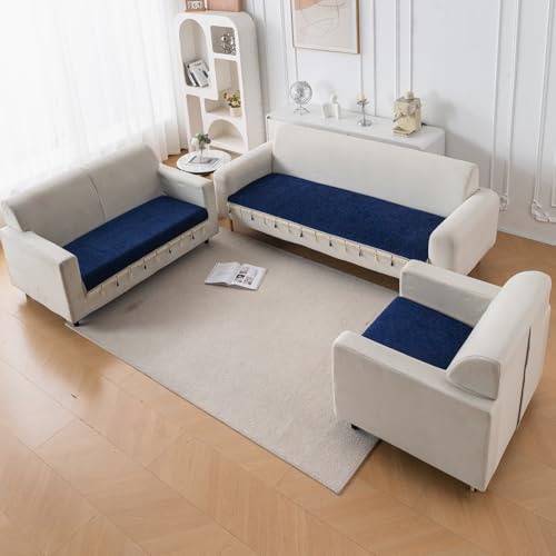 Image of HOKIPO 'Serenity Tassel' Chenille Sofa Cover 6 Seater Set with Tassels - Washable 3+2+1 Sofa Cover Mat | Sapphire Navy (IN-890 + IN-891 + IN-892 - NBL)