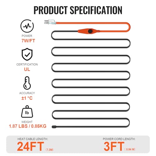 VEVOR Pipe Heating Cable, 24FT 7W/FT Heat Tape for Pipes with Built-in Thermostat, Water Pipe Heat Cable Protects PVC Hose, Metal and Plastic Pipe from Freezing by VEVOR - Image 7