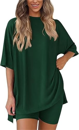 Frunqui - Conjunto casual de dos piezas con cuello redondo y manga corta para mujer, conjunto corto de 2 piezas para mujer, ropa de verano 2025 para entrenamiento, playa, vacaciones, verde oscuro, S