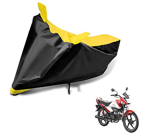 Image of Auto Hub Bike Cover Compatible with Hero Splendor Plus, Heatproof, Mirror Pocket, Belt & Buckle, Splendor Bike Cover - 1 Unit, Black-Yellow