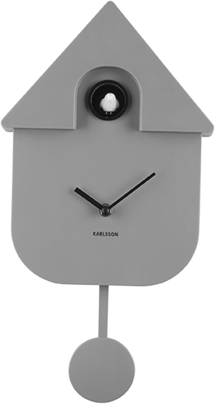 Жакын план view of the Karlsson KA5768GY Modern Cuckoo Wall Clock, focusing on the bird emerging from its opening.
