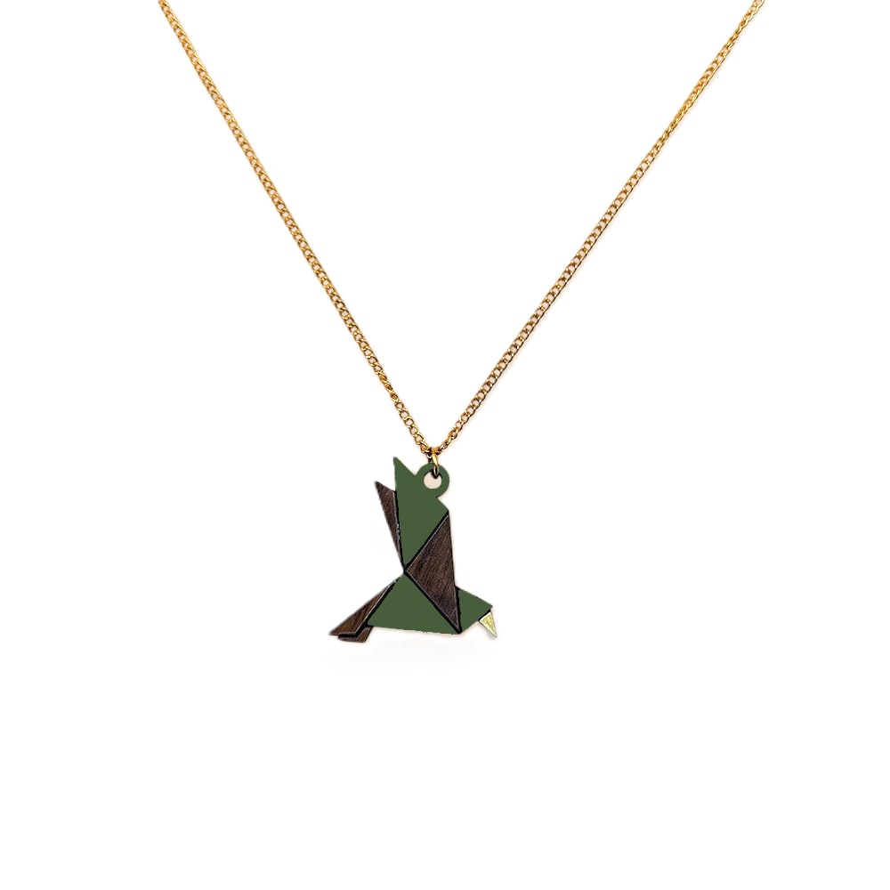 Sastree Colgante Pájaro de Madera Verde | Edición Limitada Sas365 (Solo 365 Unidades) | Madera Sostenible | Joyería Artesanal y Ecológica | Accesorio Pájaros Animales | Acero Inoxidable Plata