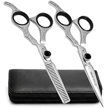 6.5" Professional Hair Cutting & Thinning Shears Set Japanese Stainless Steel Barber Scissors for Men & Women Ergonomic Vintage Engraved Design with Protective Case - Silver