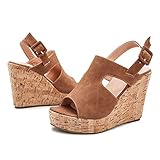  Damen Plateau Sandalen mit Kork Keilabsatz Peep Toe Slingback Keilsandalen Riemchensandaletten Sommerschuh Nubukleder Hausschuhe Wedge Absatzschuhe 11CM Braun 38 EU