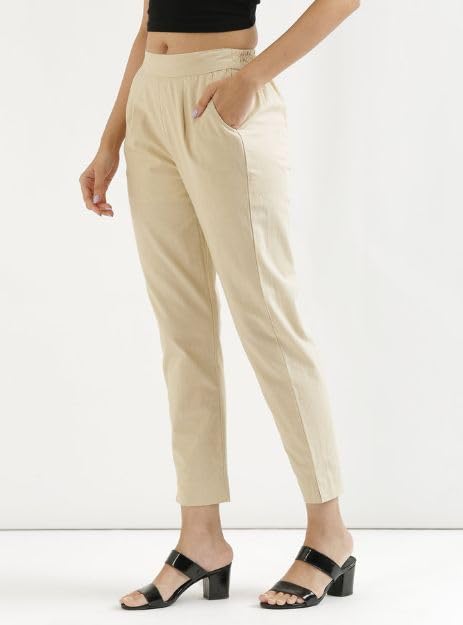 Image of D K W Women's Mid Rise Relaxed Fit Cotton Flex Trousers with Elastic Back & Drawstring - Ideal for Winter, Formal, Office & Casual Wear, Comfortable for Girls and Women