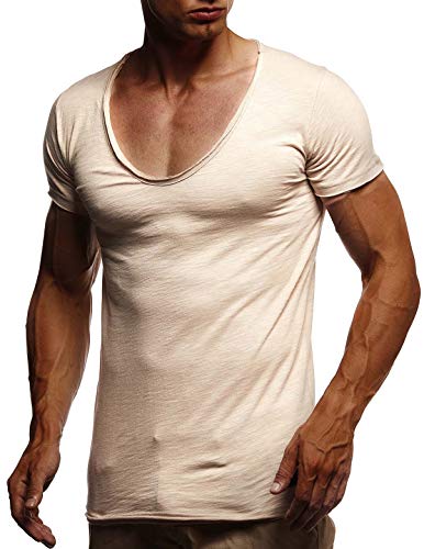 Leif Nelson Sommer T-Shirt Herren V-Ausschnitt (Beige, Größe XL) - Coole Tshirts V-Neck Baumwolle - Basic Shirts Männer Kurzarm tiefem Ausschnitt