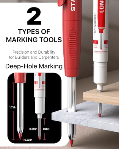 2PCS Carpenter Pencil with Sharpener, Heavy Duty Woodworking Tools, Mechanical Pencil Set with 26 Refills, Deep Hole Long Nib Marker Pens for Architect Marking with Case (Black, Red) - View 4