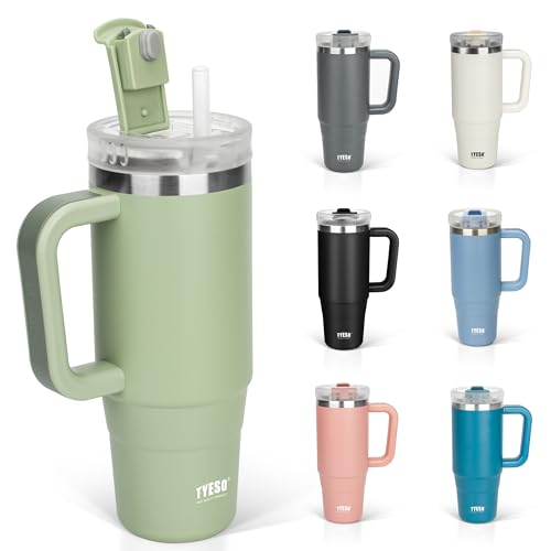 TYESO タンブラー 0.9L 水筒 保冷 ステンレスボトル ウォーターボトル ストロー 取っ手付き ジョッキ アウトドア 真空断熱 二重構造 広口 大容量 直飲 女の子 男の子 900ml ミント