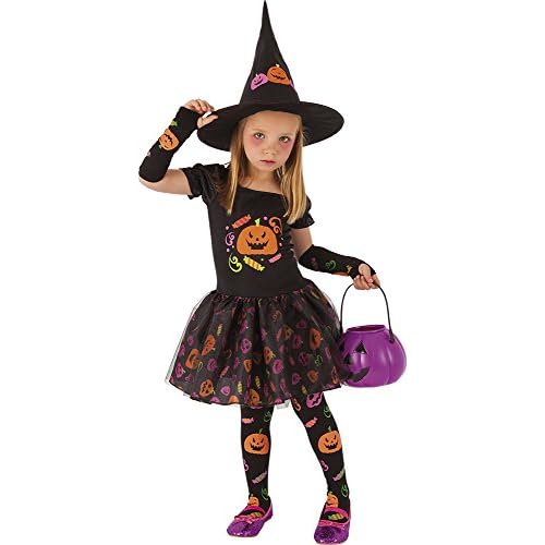 Rubies Disfraz Bruja candy para niña, Vestido de bruja con manguitos, medias y sombrero con diseños de calabacitas impresas, Original, Ideal para halloween, carnaval y cumpleaños