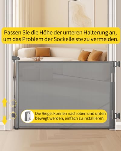 Retraktierbares Sicherheitsgitter für Babys & Haustiere – Extra Breit & Hoch, 0-140CM Türschutzgitter für Treppen, Türen, Innen- & Außenbereich, Einfache Einhand-Bedienung, Grau