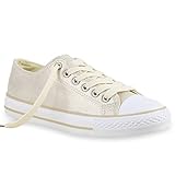  stiefelparadies Glänzende Damen Sneakers Glitzer Metallic Sneaker Low Pailletten Flats Turn Leder-Optik Schuhe 137125 Creme Weiss 36 Flandell