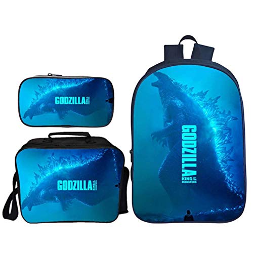XLST Mochila Adolescentes Muchachos Bolsa para La Escuela Impresión Mochilas Godzilla Gran Capacidad Colegio Bolsa para La Escuela Conjunto Bolsa del Almuerzo Estuche,3