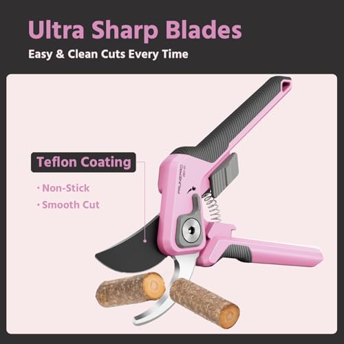 Image of PrunePro Pruning Shears for Gardening Professional Bypass Hand Pruner Up to 1 Inch Cut Capacity Sharp Stainless Steel Blade Garden Scissors Plant Flower Garden Clipper Pink 1 Pack