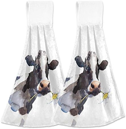 Oarencol Vintage Cow Daisy Flower Kitchen Hand Towel Farm Animal Absorbent Hanging Tie Towels with Loop for Bathroom 2 Pcs