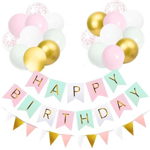 Happy Birthday Banner Birthday Decorations for Girls and Women with 12 inch Balloons Banner Bunting Decorations Green Pink.