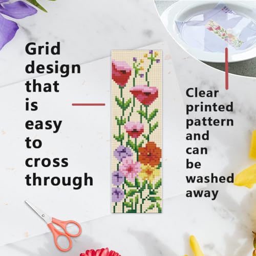 Image of INFUNLY 6PCS DIY Flower Cross Stitch Bookmark Kit for Beginners 8.66 inchx3.15 inch Stamped Embroidery Bookmark Kit Hand Plant Bookmark Cross Stitch Kits with Instruction for Book Lovers Reader Writers
