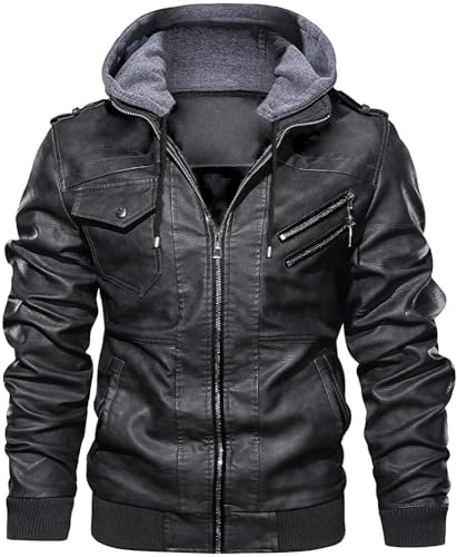 Image of Pomo-Z Men's Casual Stylish Premium PU Leather Zip-Up Motorcycle Biker Bomber Jacket With a Removable Hood